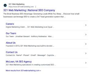 Google search showing 321 web marketing