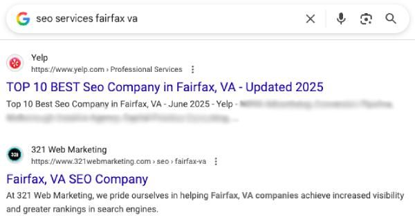 321 Web Marketing Ranking In The Top 3 For Local SEO Search Query