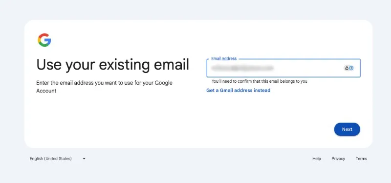 Step 3 Creating Google Account Using Existing Email
