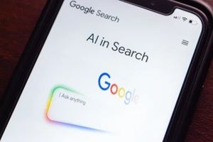 Close-up of a smartphone screen showing Google Search with AI features