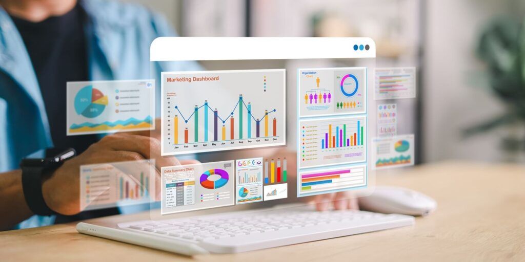 marketer using digital marketing dashboard with charts, pie graphs, organization chart, and performance data