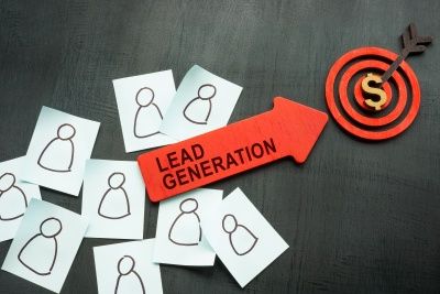 An Arrow with sign Lead generation and stickers with figurines.