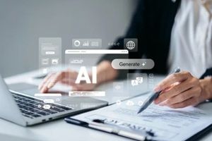 professional hands typing laptop artificial intelligence generative content creation