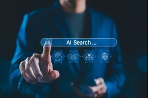 person interacts with search bar AI Search, representing artificial intelligence, chatbot, data cloud, global connectivity, and future search engine