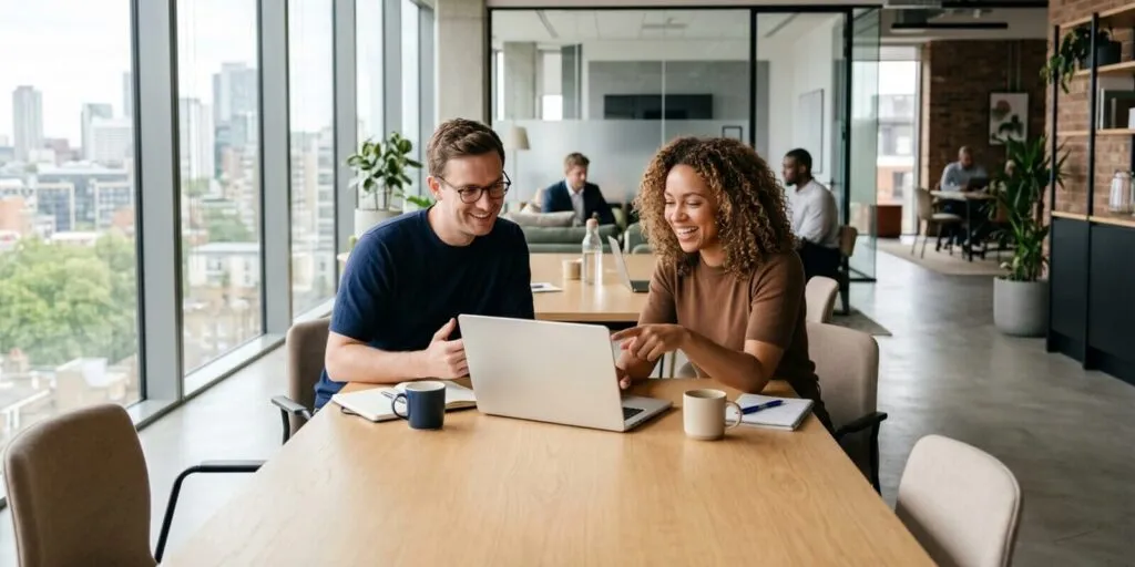 two smiling colleagues working together on a laptop in a well-lit contemporary office space