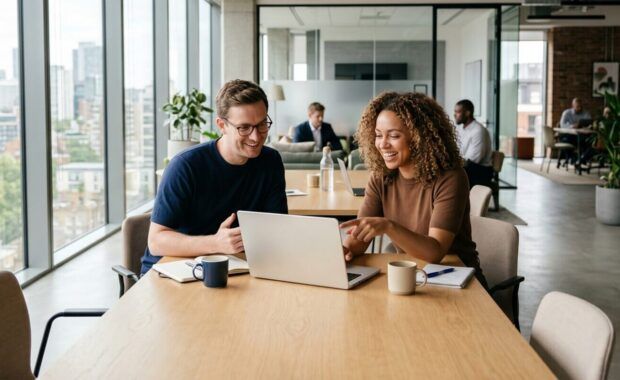 two smiling colleagues working together on a laptop in a well-lit contemporary office space