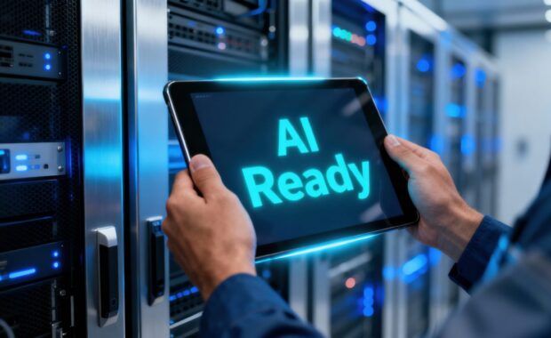 A worker holds a tablet showing "AI Ready" in a futuristic data center with illuminated server racks.