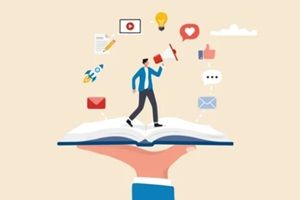 content marketing concept with businessman on open book, Vector, illustration
