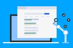 digital marketing transformation, robot hand holding magnifier on search engine result page