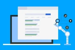 digital marketing transformation, robot hand holding magnifier on search engine result page