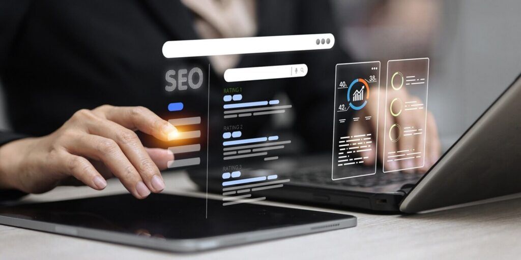 seo optimization dashboard with search rankings and analytics interface
