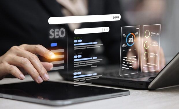 seo optimization dashboard with search rankings and analytics interface